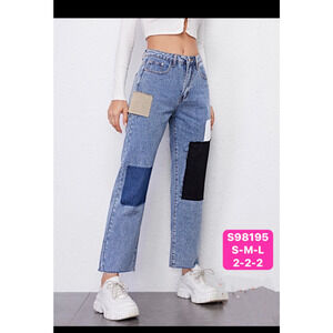 Vinizbena wide-leg demin, ligth blue, with patches in white, dark blue, black,